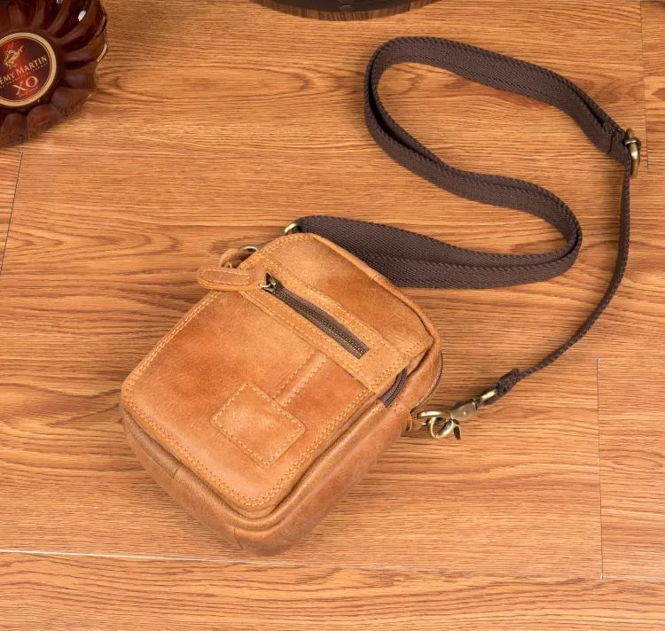 Tan Leather Mens Belt Pouch Small Courier Bag Waist Bag Belt Bag Messenger Bag for Men