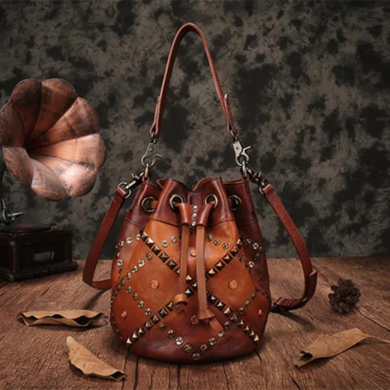 Tan Leather Womens Bucket Handbag Shoulder Bag Studded Western Brown Leather Shoulder Barrel Bag Purse