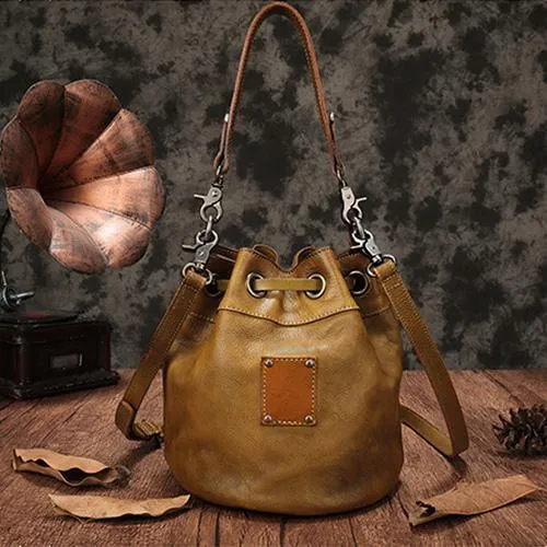 Tan Leather Womens Bucket Handbag Shoulder Bag Studded Western Brown Leather Shoulder Barrel Bag Purse