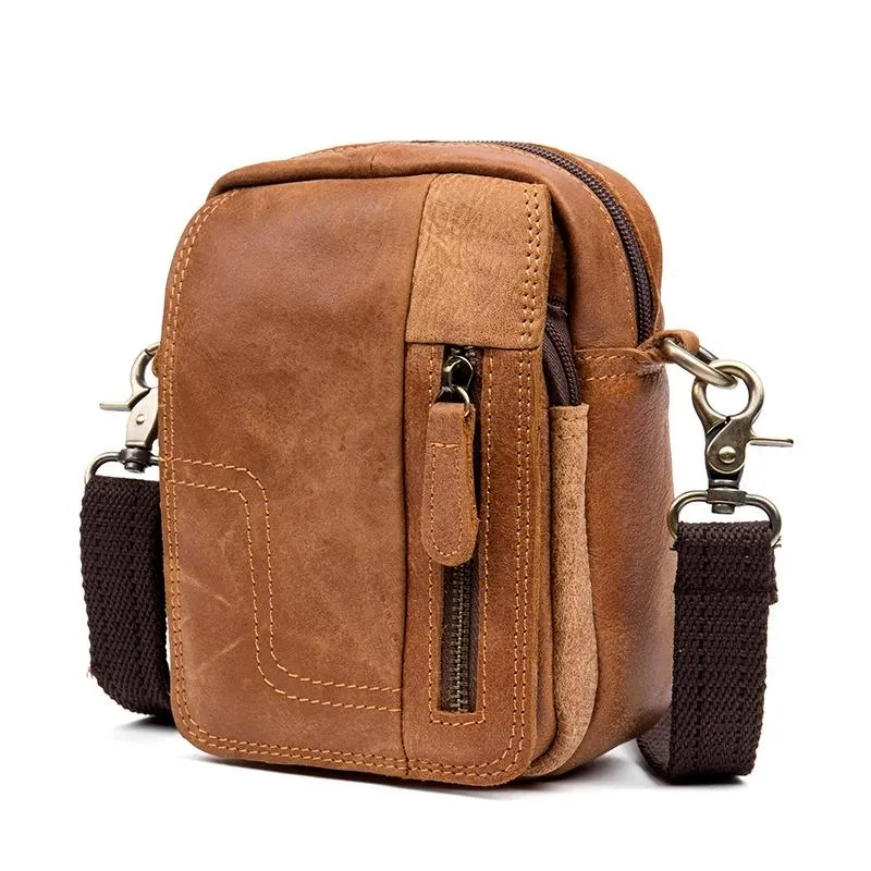 Tan Mens Leather Belt Pouch Small Side Bag Belt Bag Camel Waist Bag Courier Bag for Men
