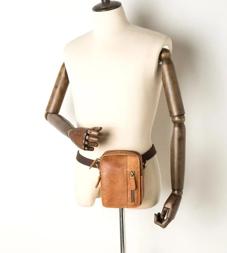 Tan Mens Leather Belt Pouch Small Side Bag Belt Bag Camel Waist Bag Courier Bag for Men