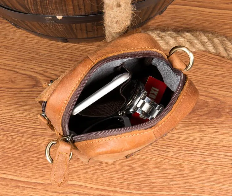 Tan Mens Leather Belt Pouch Small Side Bag Belt Bag Camel Waist Bag Courier Bag for Men