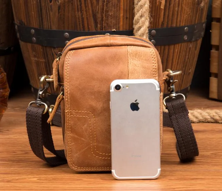 Tan Mens Leather Belt Pouch Small Side Bag Belt Bag Camel Waist Bag Courier Bag for Men