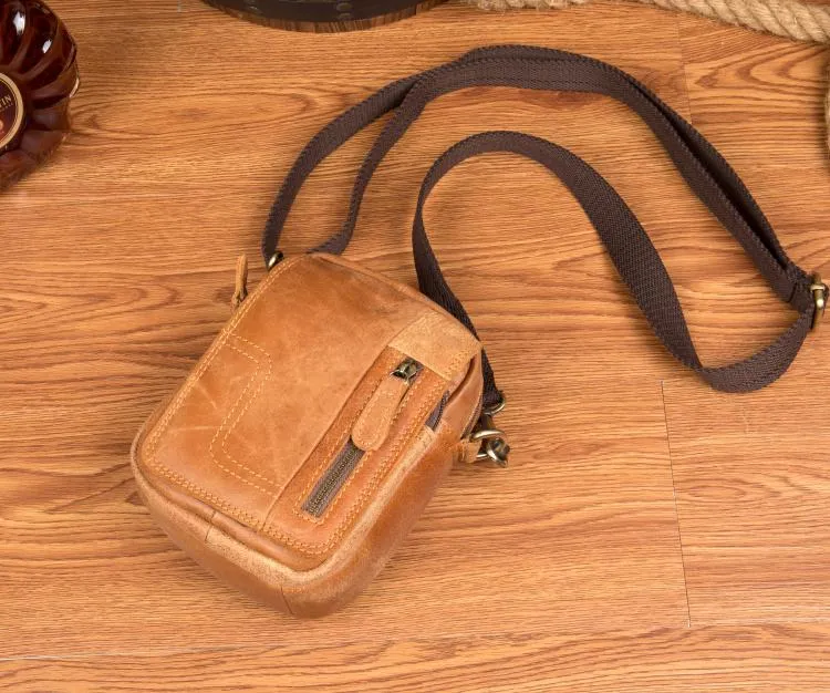 Tan Mens Leather Belt Pouch Small Side Bag Belt Bag Camel Waist Bag Courier Bag for Men
