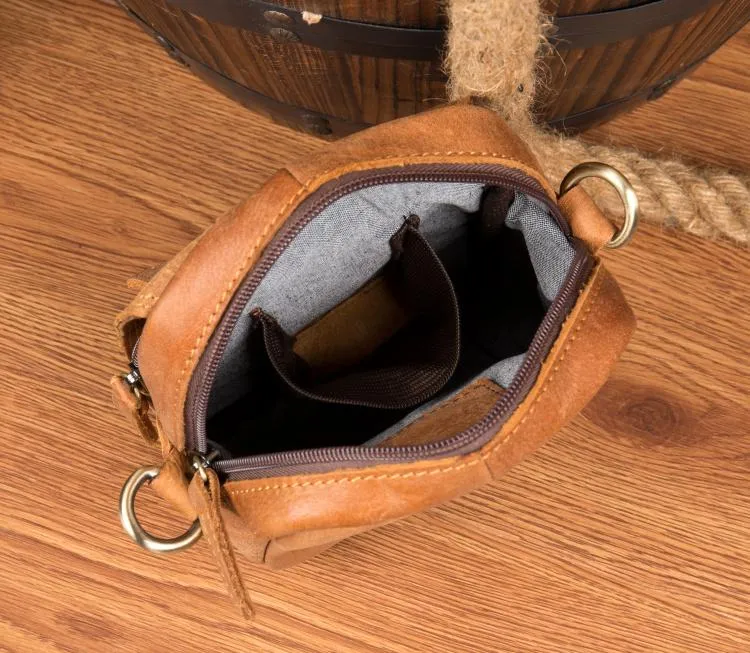 Tan Mens Leather Belt Pouch Small Side Bag Belt Bag Camel Waist Bag Courier Bag for Men