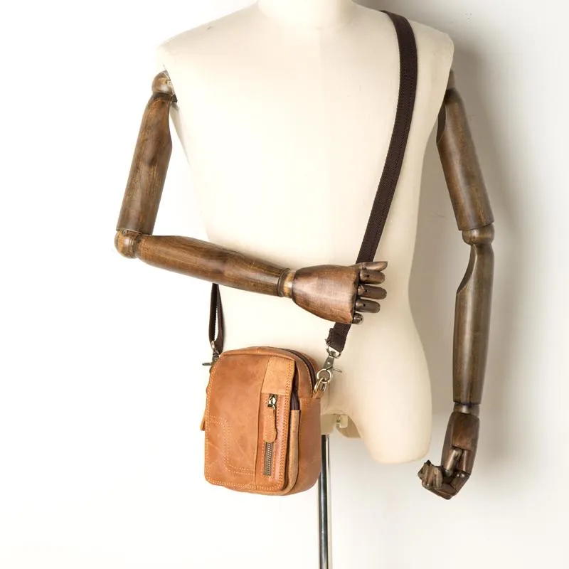Tan Mens Leather Belt Pouch Small Side Bag Belt Bag Camel Waist Bag Courier Bag for Men