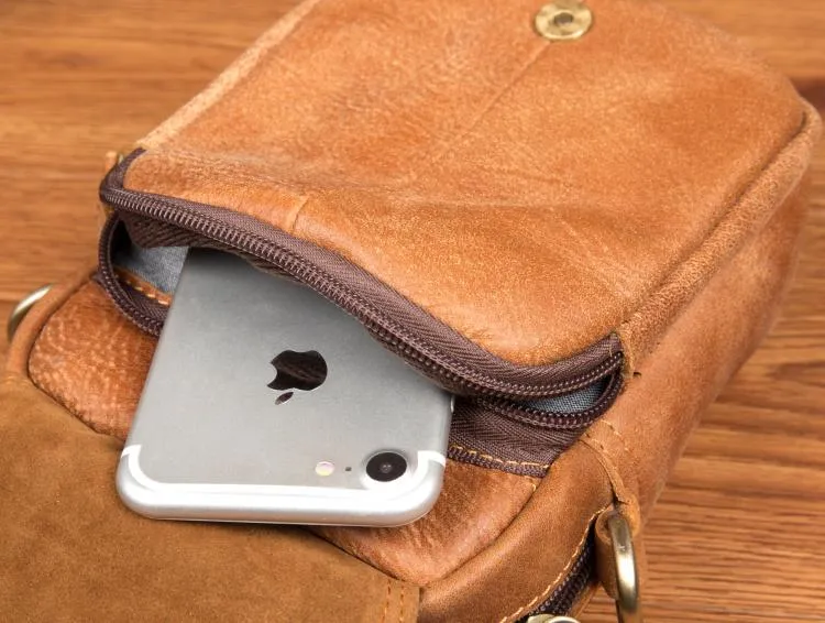 Tan Mens Leather Belt Pouch Small Side Bag Belt Bag Camel Waist Bag Courier Bag for Men