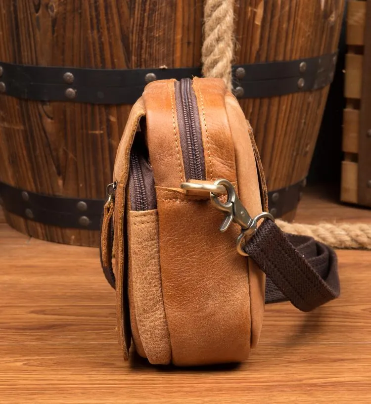Tan Mens Leather Belt Pouch Small Side Bag Belt Bag Camel Waist Bag Courier Bag for Men