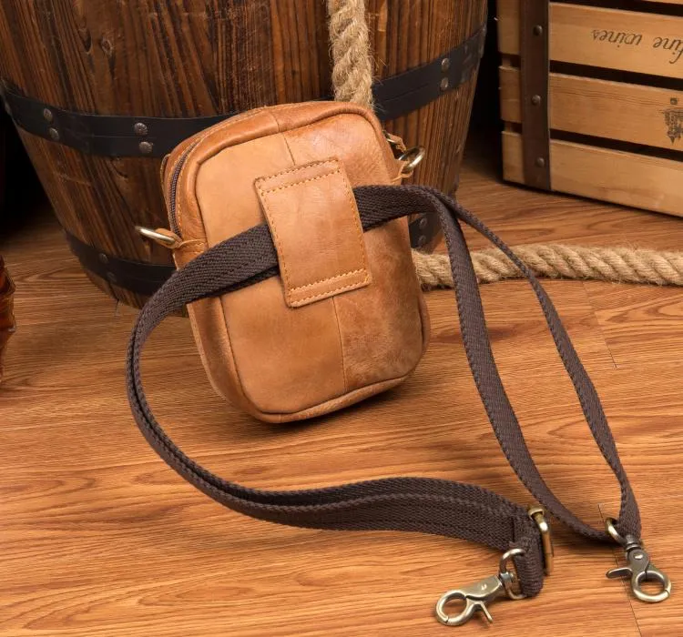 Tan Mens Leather Belt Pouch Small Side Bag Belt Bag Camel Waist Bag Courier Bag for Men