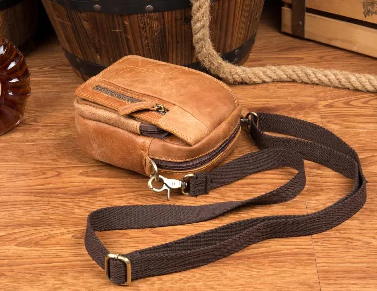 Tan Mens Leather Belt Pouch Small Side Bag Belt Bag Camel Waist Bag Courier Bag for Men