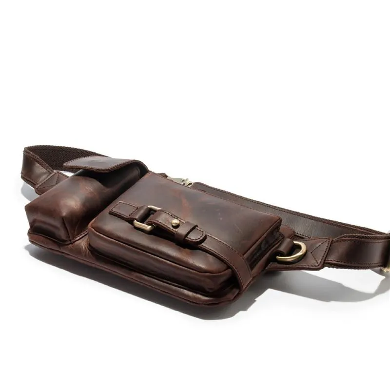 Top Leather Fanny Pack Men's Dark Brown Chest Bag Hip Bag Brown Waist Bag For Men