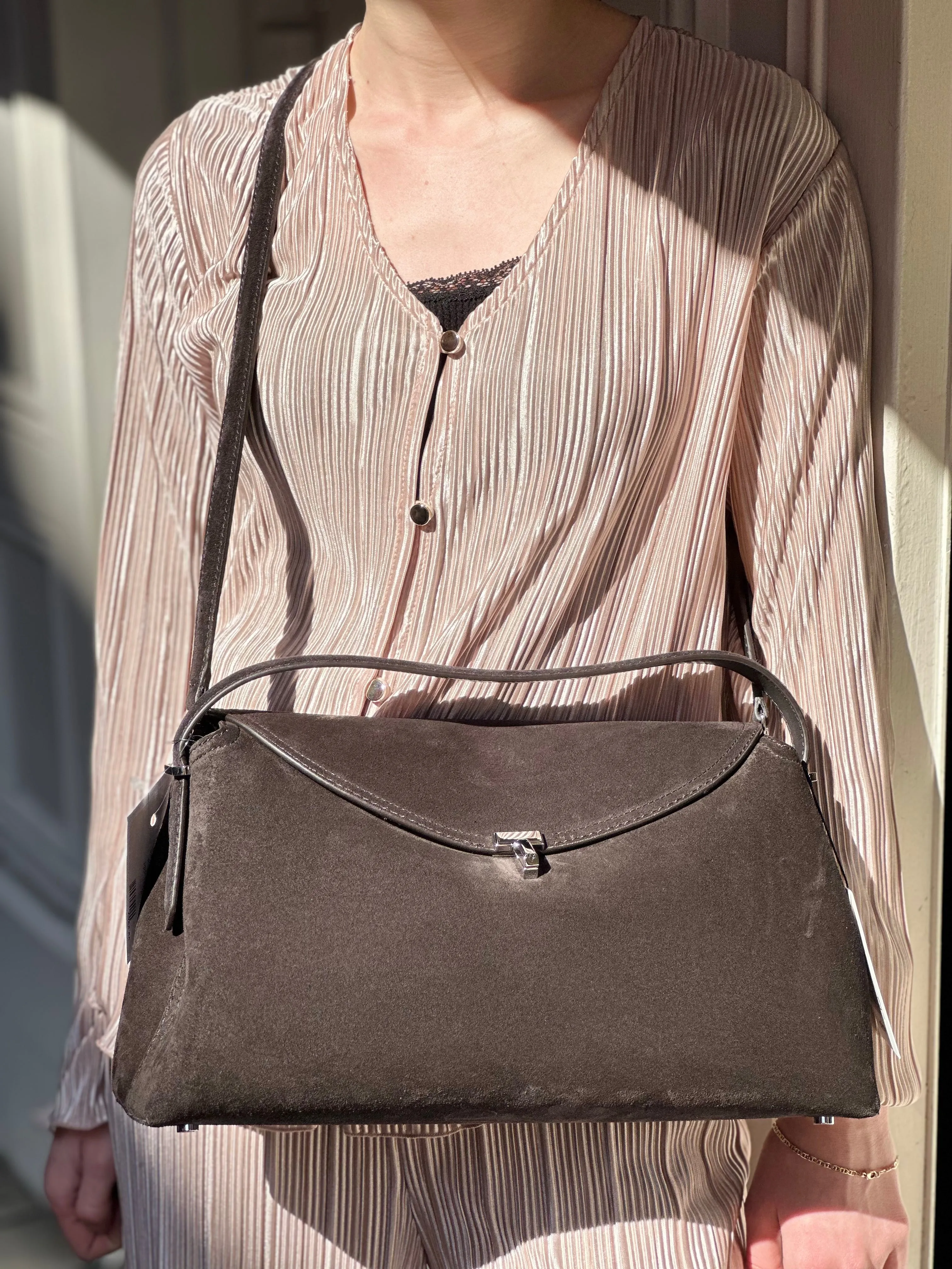 Toteme Espresso Brown Suede Leather TLock Shoulder Bag