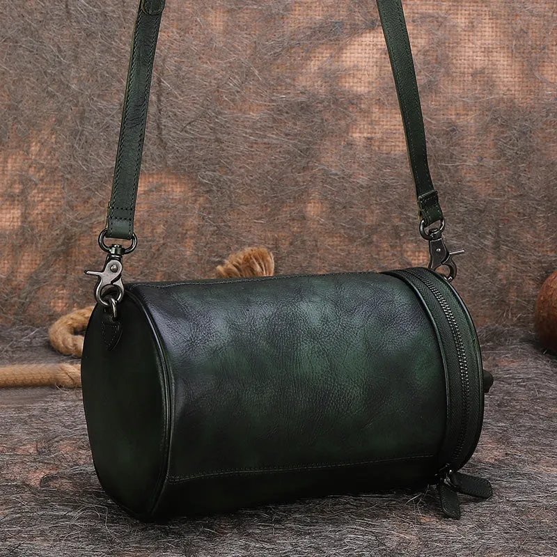 Vintage Black Gray Leather Womens Barrel Shoulder Bag Bucket Crossbody Purse for Women