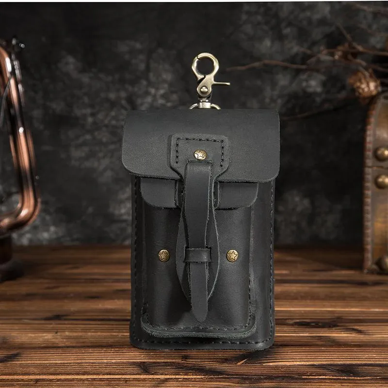 Vintage Black Leather Men's Belt Pouch Cell Phone Holster Waist Belt Bags For Men