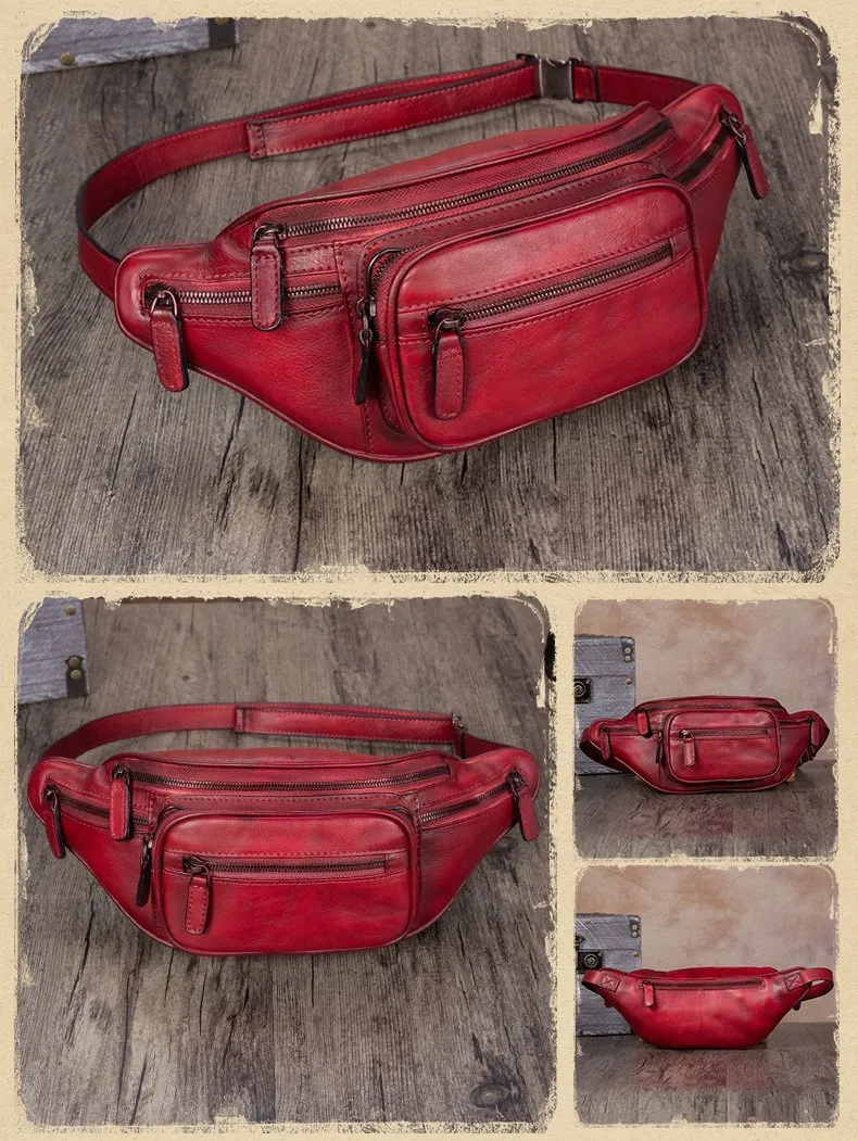 Vintage Black Leather Mens Fanny Pack Hip Belt Bags Waist Bag Hip Bag Bum Bag for WOmen