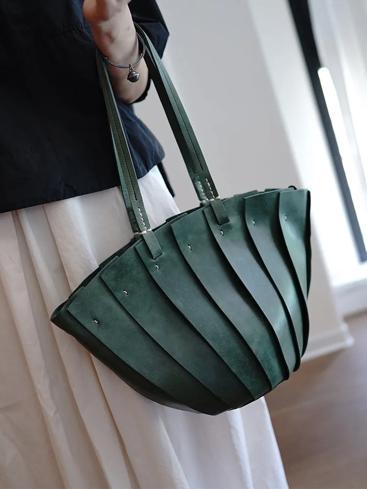 Vintage Black Leather Splicing Bucket Handbag Tote Women Handmade Shoulder Tote Bag for Women