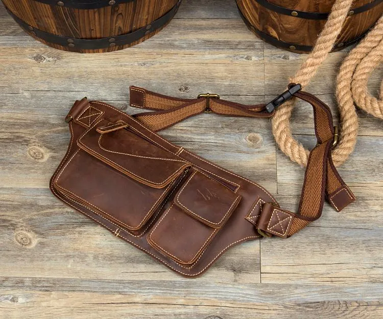 Vintage Brown Leather Fanny Pack Mens Waist Bags Hip Pack Belt Bags Bumbags for Men