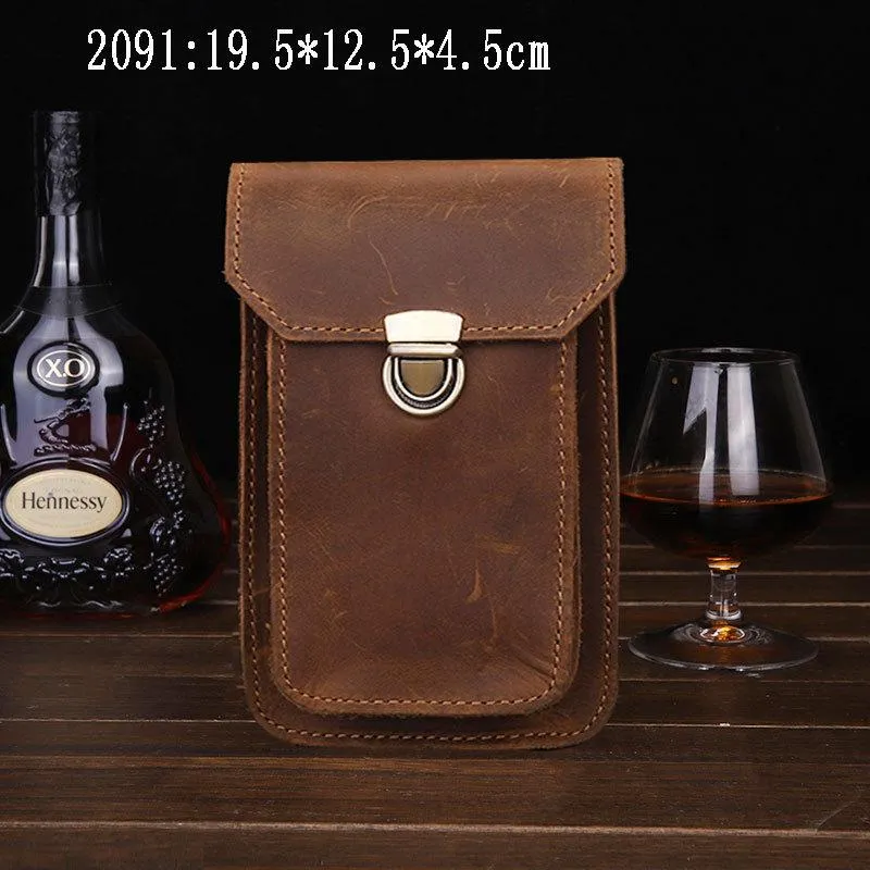 Vintage Brown Leather Men's Belt Pouch Cell Phone Holster Waist Bag For Men