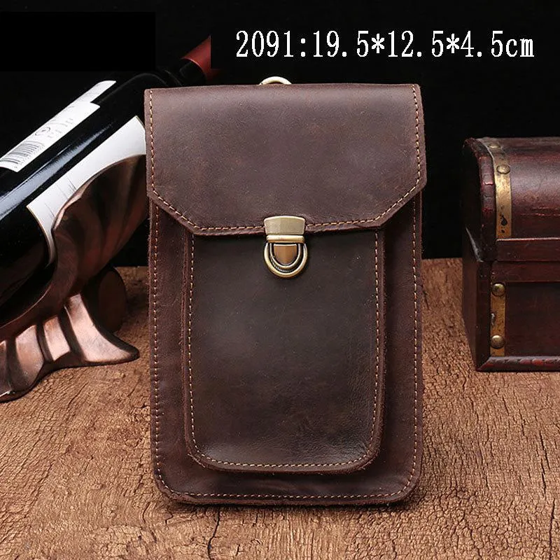 Vintage Brown Leather Men's Belt Pouch Cell Phone Holster Waist Bag For Men