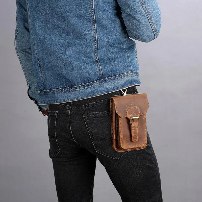 Vintage Brown Leather Men's Belt Pouch Cell Phone Holster Waist Bag For Men