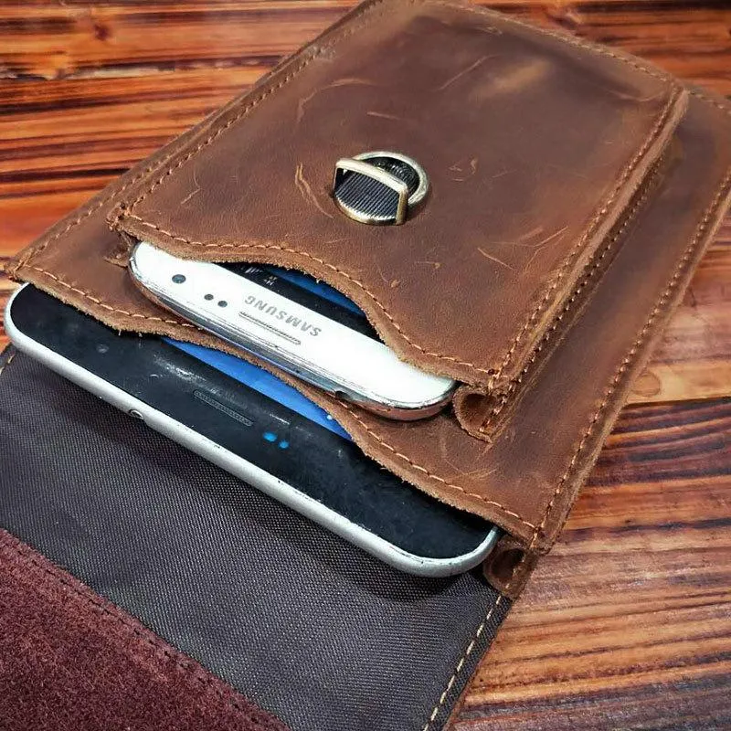 Vintage Brown Leather Men's Belt Pouch Cell Phone Holster Waist Bag For Men