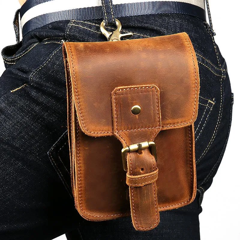 Vintage Brown Leather Men's Belt Pouch Cell Phone Waist Holster Belt Bag For Men