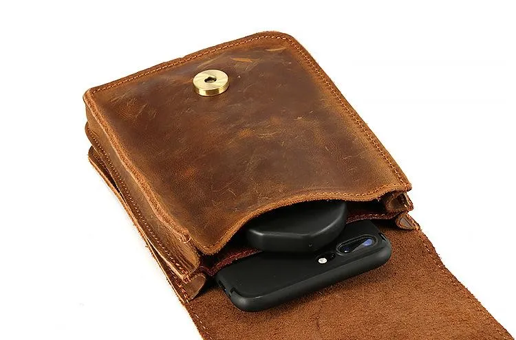 Vintage Brown Leather Men's Belt Pouch Cell Phone Waist Holster Belt Bag For Men