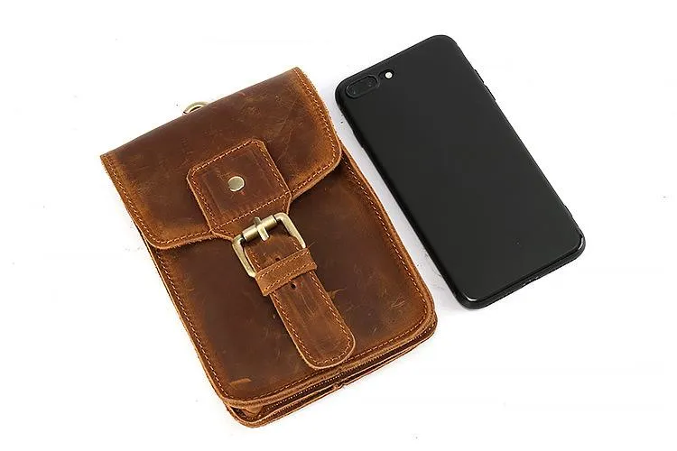 Vintage Brown Leather Men's Belt Pouch Cell Phone Waist Holster Belt Bag For Men