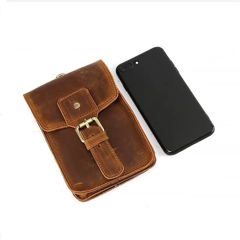 Vintage Brown Leather Men's Belt Pouch Cell Phone Waist Holster Belt Bag For Men