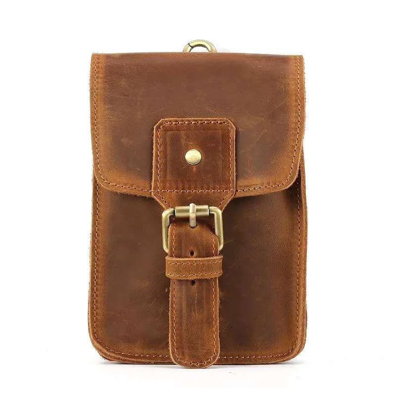 Vintage Brown Leather Men's Belt Pouch Cell Phone Waist Holster Belt Bag For Men