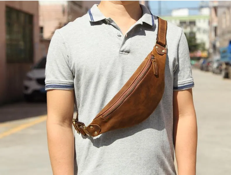 Vintage Brown Leather Men's Fanny Pack Coffee Waist Bag Chest Bag For Men