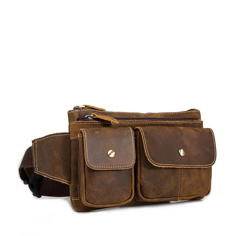 Vintage Brown Leather Men's Fanny Pack Hip Pack Brown Chest Bag Waist Bags For Men