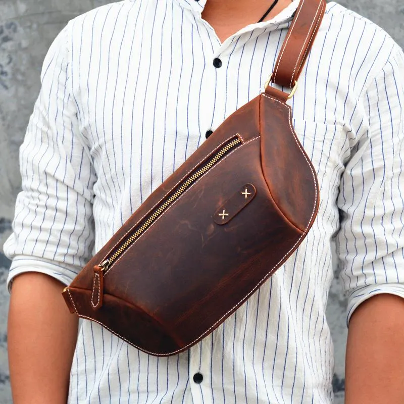 Vintage Brown Leather Men's Fanny Pack Hip Pack Waist Bag For Men