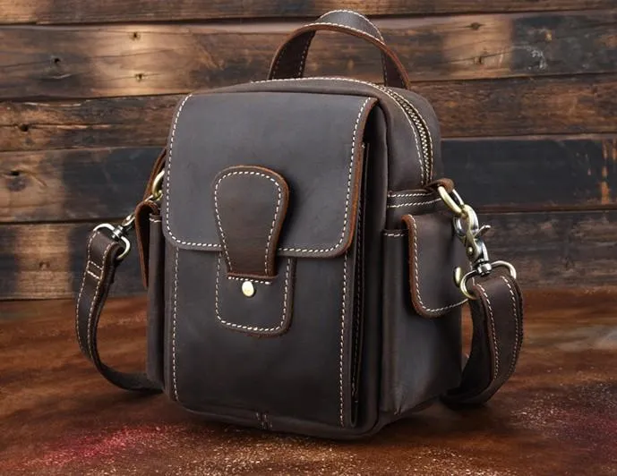 Vintage Brown Leather Mens Small Side Bag Tablet Bag Waist Belt Bag Camera Bag For Men