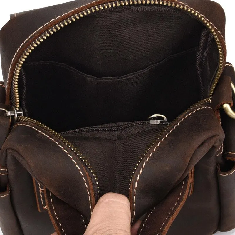 Vintage Brown Leather Mens Small Side Bag Tablet Bag Waist Belt Bag Camera Bag For Men