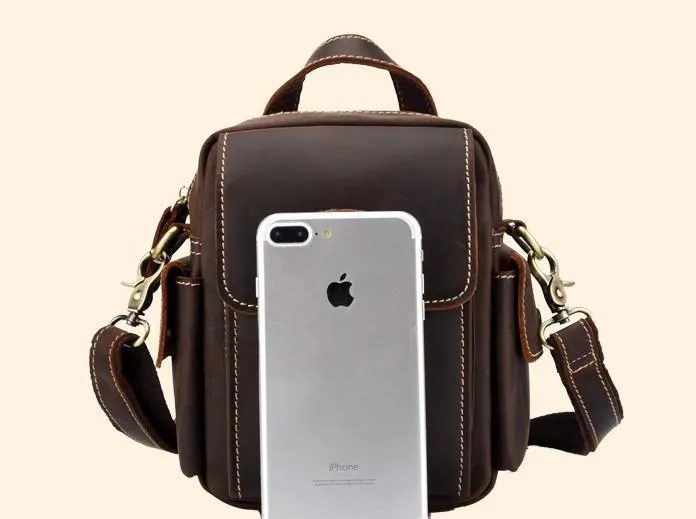 Vintage Brown Leather Mens Small Side Bag Tablet Bag Waist Belt Bag Camera Bag For Men