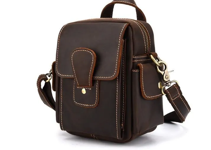 Vintage Brown Leather Mens Small Side Bag Tablet Bag Waist Belt Bag Camera Bag For Men