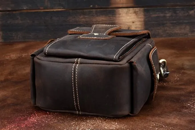 Vintage Brown Leather Mens Small Side Bag Tablet Bag Waist Belt Bag Camera Bag For Men