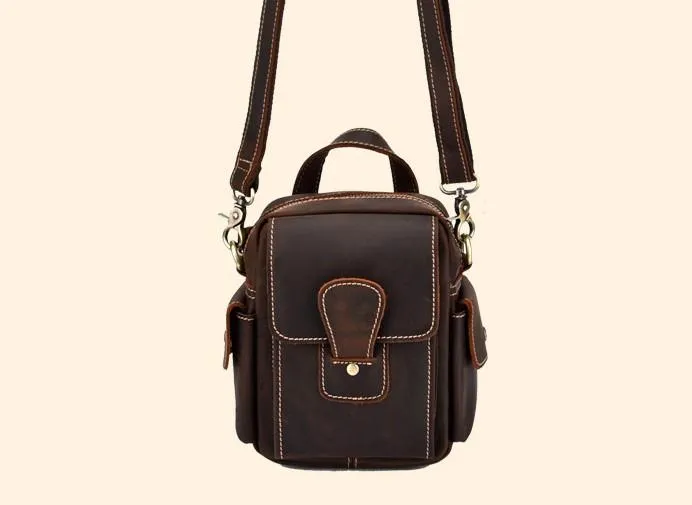 Vintage Brown Leather Mens Small Side Bag Tablet Bag Waist Belt Bag Camera Bag For Men
