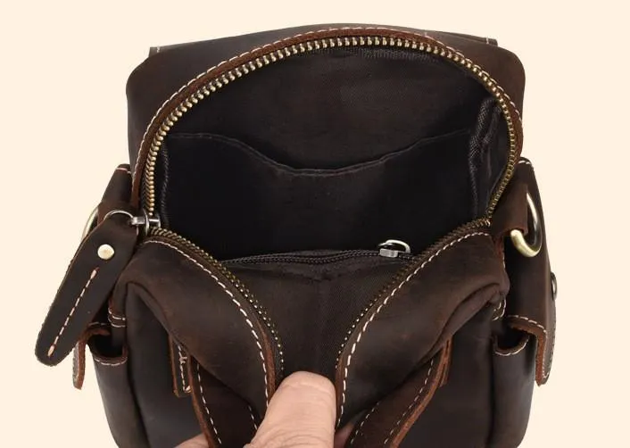 Vintage Brown Leather Mens Small Side Bag Tablet Bag Waist Belt Bag Camera Bag For Men