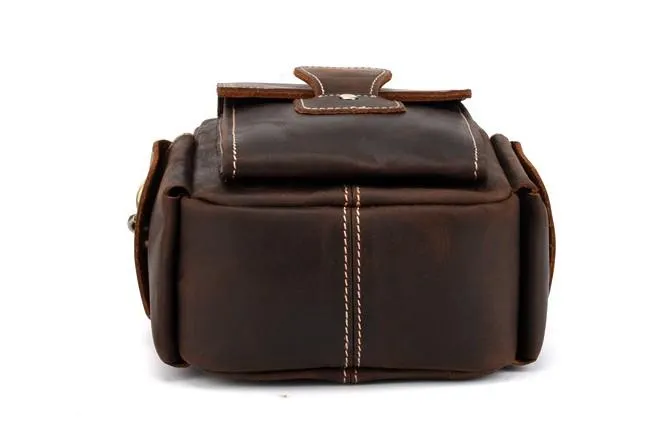 Vintage Brown Leather Mens Small Side Bag Tablet Bag Waist Belt Bag Camera Bag For Men