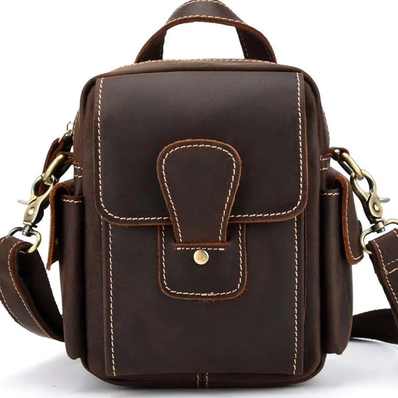 Vintage Brown Leather Mens Small Side Bag Tablet Bag Waist Belt Bag Camera Bag For Men