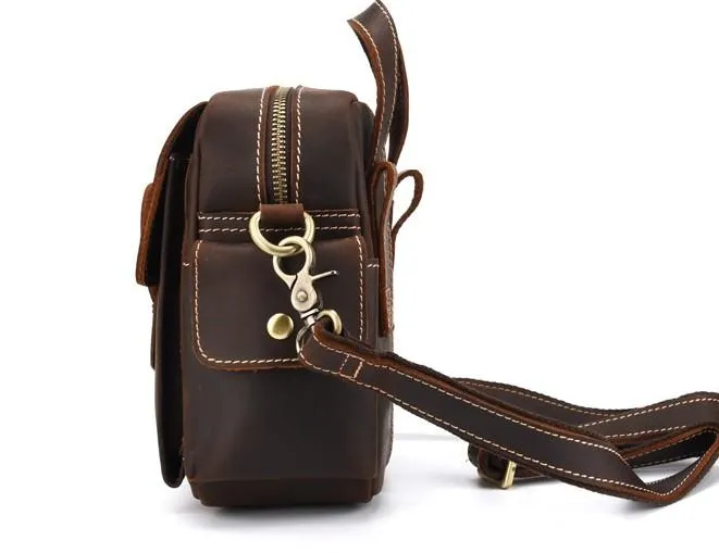 Vintage Brown Leather Mens Small Side Bag Tablet Bag Waist Belt Bag Camera Bag For Men