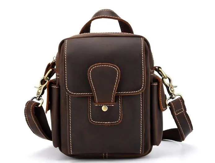 Vintage Brown Leather Mens Small Side Bag Tablet Bag Waist Belt Bag Camera Bag For Men