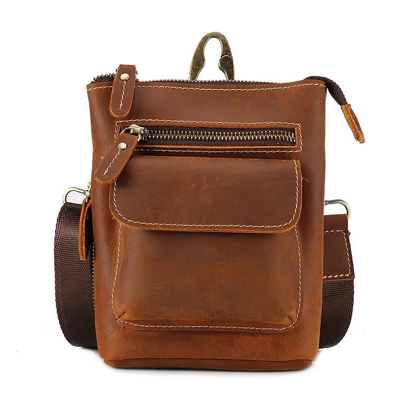 Vintage Brown Leather Men's Small Waist Bag Belt Pouch Belt Bag Small Messenger Bag For Men
