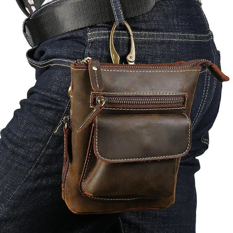 Vintage Brown Leather Men's Small Waist Bag Belt Pouch Belt Bag Small Messenger Bag For Men