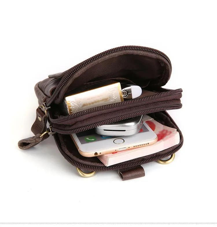 Vintage Brown Leather Men's Waist Belt Pouch Cell Phone Holster Mini Side Bag For Men