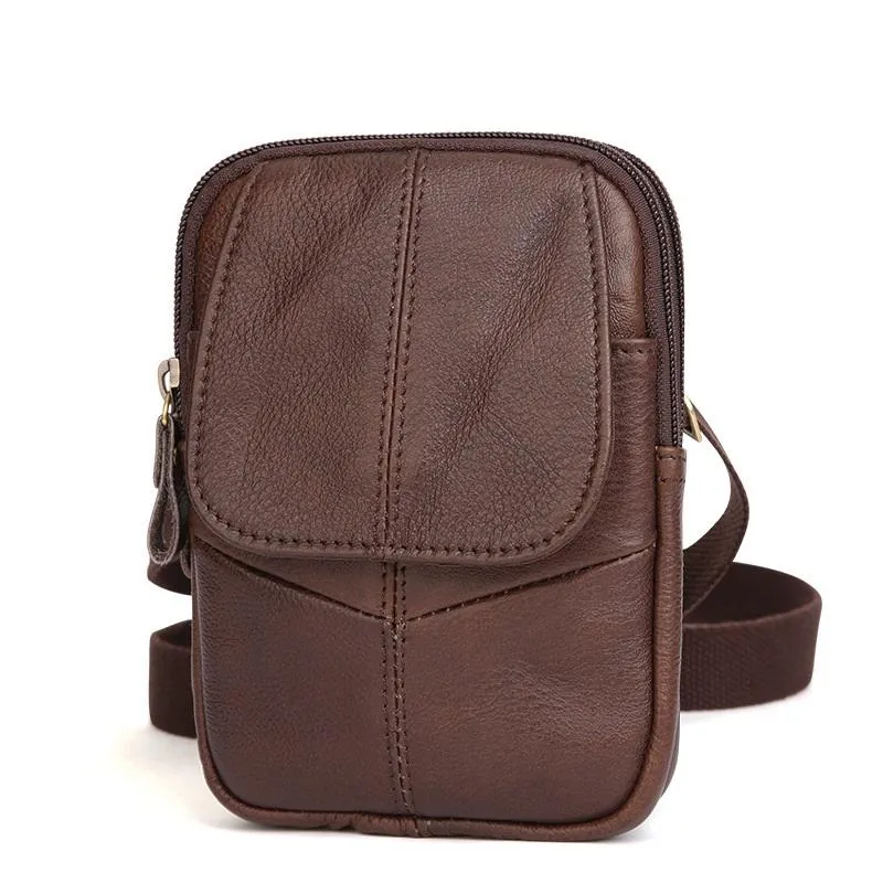 Vintage Brown Leather Men's Waist Belt Pouch Cell Phone Holster Mini Side Bag For Men