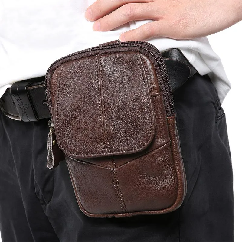 Vintage Brown Leather Men's Waist Belt Pouch Cell Phone Holster Mini Side Bag For Men