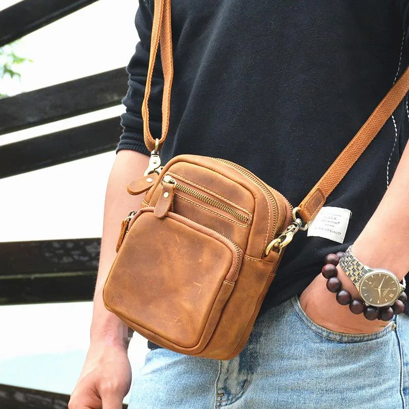 Vintage Brown Leather Men's Waist Belt Pouches Cell Phone Holsters Mini Side Bag For Men